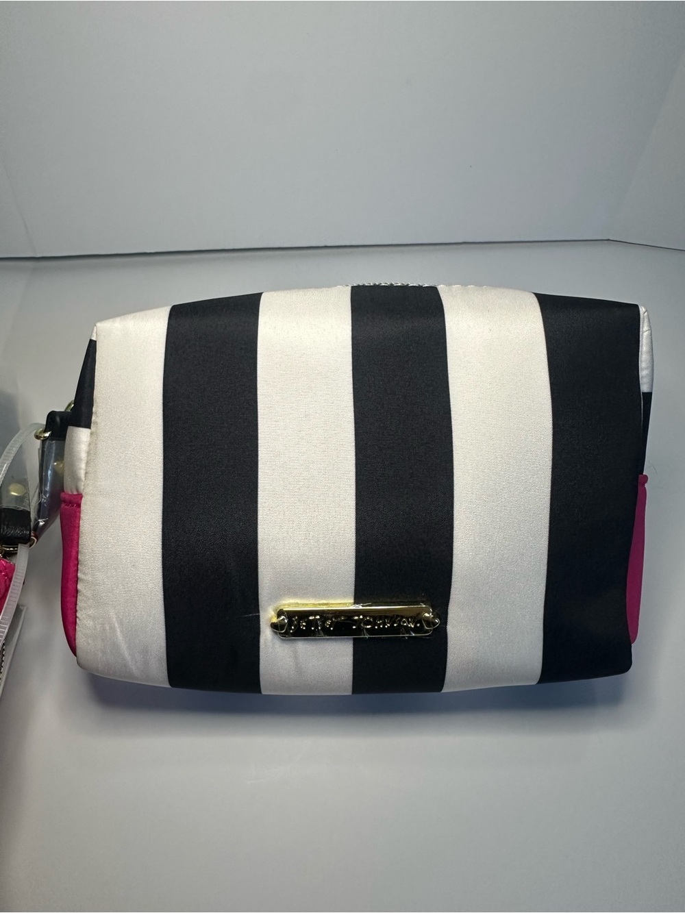 Betsey Johnson 3 Piece Travel Cosmetic Bag Set Pink Floral Black & White Stripe - Picture 8 of 10